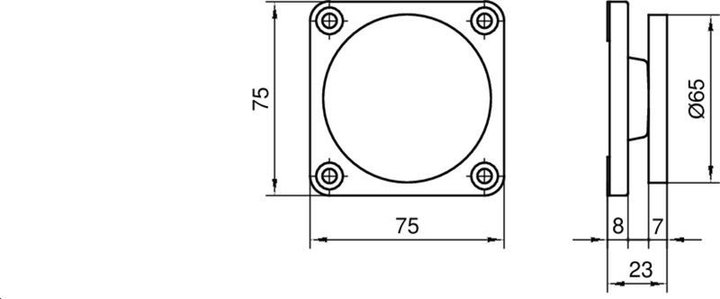 square flange, rundes Loch, Montageplatte, technische Zeichnung, Abmessungen 75mm
