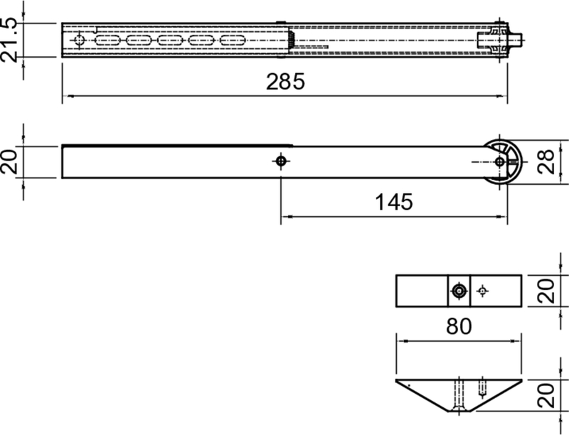 Aluminiumstab, Lagerungsschiene, Laufstange, Technischer Detail, Maße 285mm