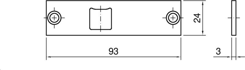 metal plate, rechteckige Platte, Schraubenlöcher, Zentriersquare, Abmessungen 93x24x3mm