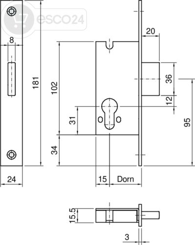 Riegelschloss systeQ-S 038R D30 F3x24x181,L/R