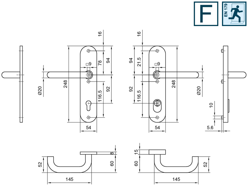 Türdrücker, Türbeschlag, Maßzeichnung, Edelstahl, Schnellmontage