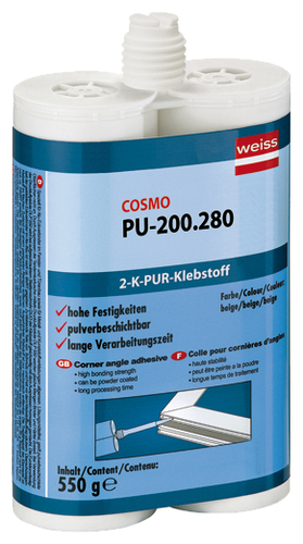 COSMO PU-200.280, 2-K-PUR-Klebstoff Tandem-PP-Kartusche à 900 g, beige, VE10 Papier, Flasche, Shaker, Papier, Flasche, Shaker,