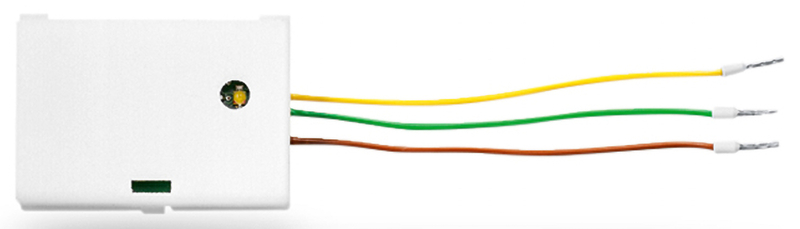 elektronisches Bauteil, Relaismodul, weißes Kunststoffgehäuse, Farbkabel, Anschlusskabel
