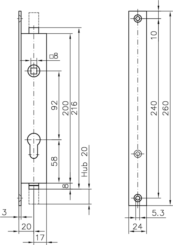 mechanical lock body, door lock, security lock, hole for hinge, dimensional annotation