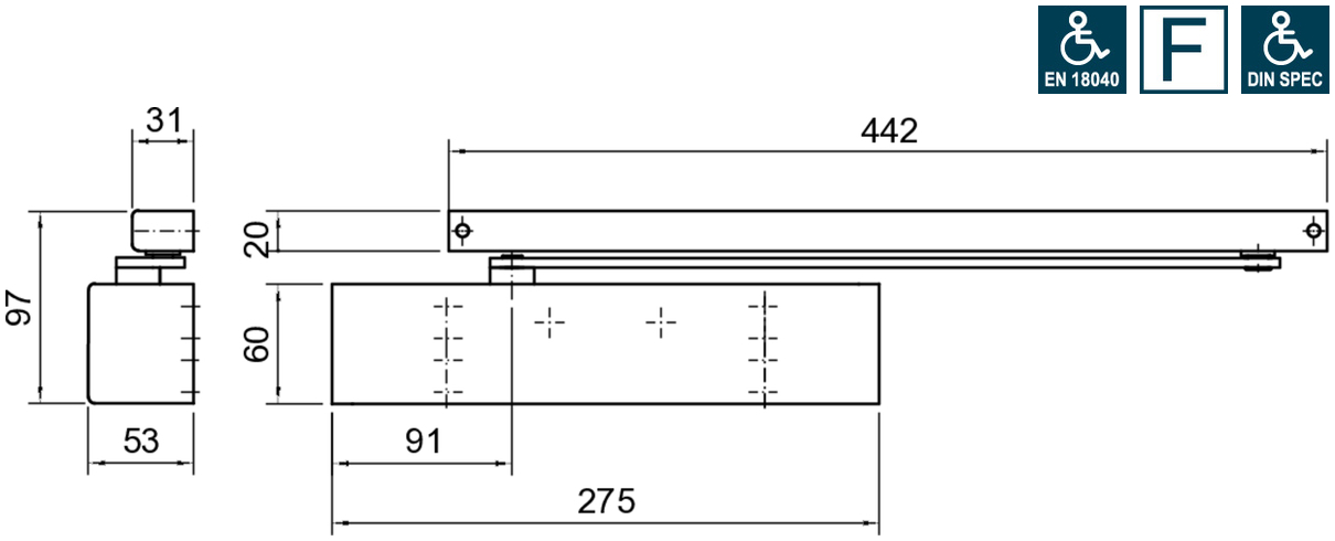 Türschließer, Gleitschiene, Metall, barrierefrei, 442 mm