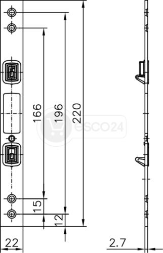 Schließblech NS systeQ-M-SL(M)/B2H-ESC-2 F2,7x22x220, L/R n.verstellbar