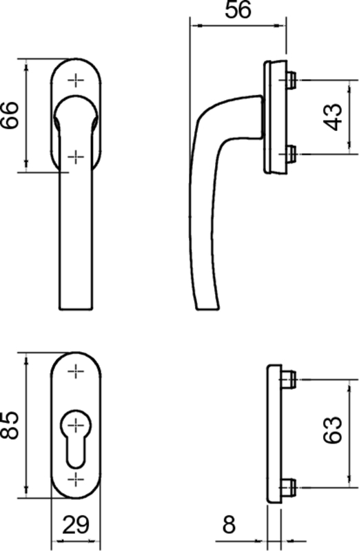 Fenstergriff, Türgriff, Hebelgriff, Metalloberflaeche, Abmessungen 85x29