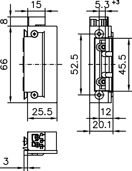 elektrischer bauteil, Vorderansicht, Seitenansicht, Kstdiagramm, Anschlussblock