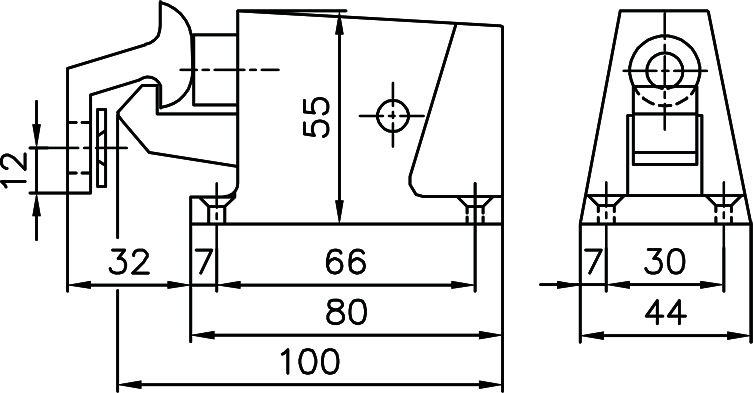 mechanisches Teil, Konstruktionszeichnung, Abmessungen 100, Höhe 55, Nut/Auge