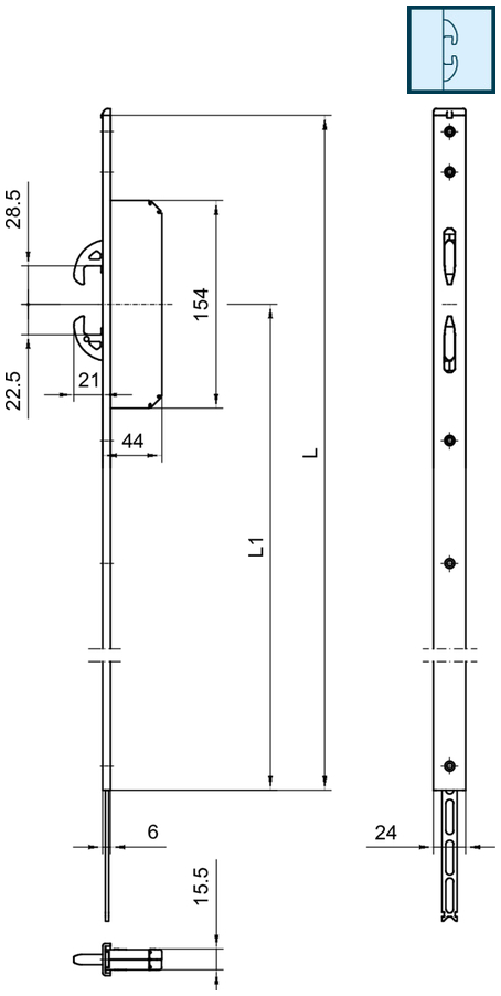 metallischer Riegel, Türschloss, Schiebelauf, Oberflächenmontage, abmessungszeichnung