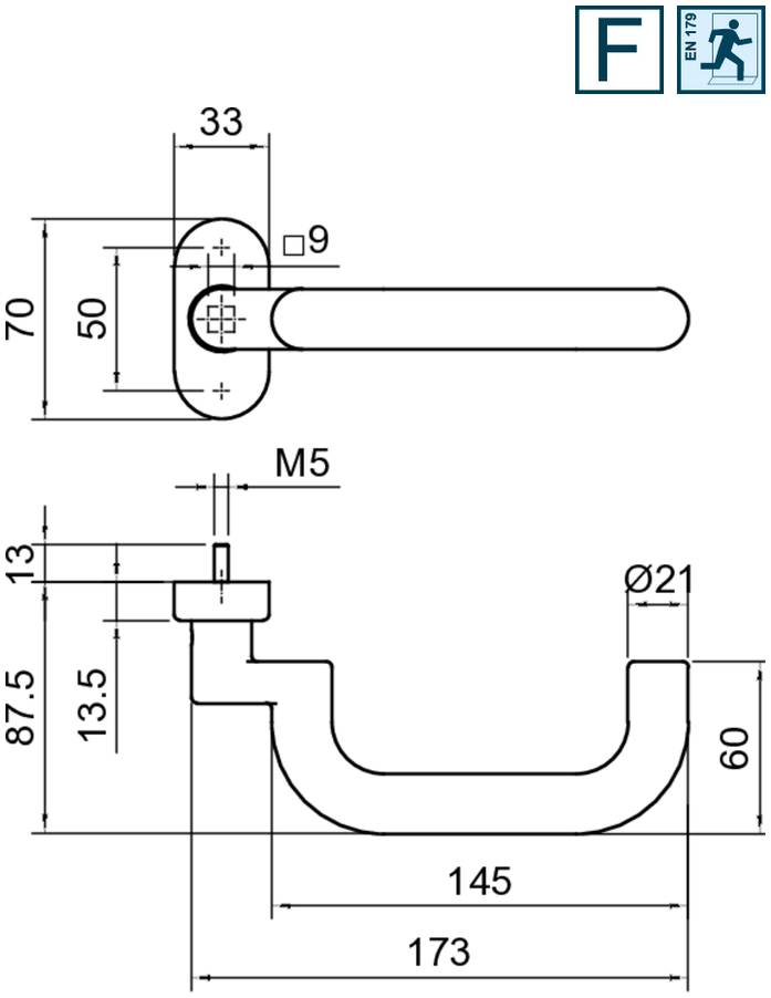 Türgriff, Türdrücker, Türblech, M5-Schraube, Seitliche Ansicht