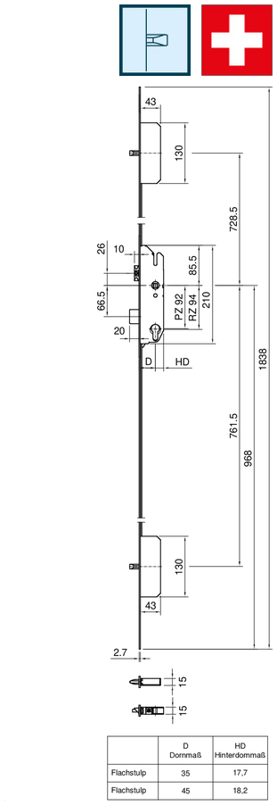 Einsteckschloss, Türschloss, Flachstulp, PZ-Zylinder, Schweizer Norm