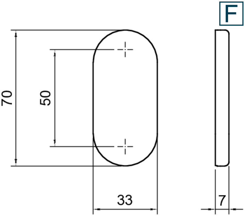 oval shape, plate component, dimensions 70x33, rounded ends, technical drawing