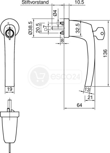 ROTO Fenstergriff, rosettenlos ROTO Line AL VK=7x25 mm, abschließb., AL silber