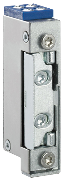Metallischer Scharnier, Montagehalter, Elektrobauteil, Verschraubte Halterung, blauer Oberteil