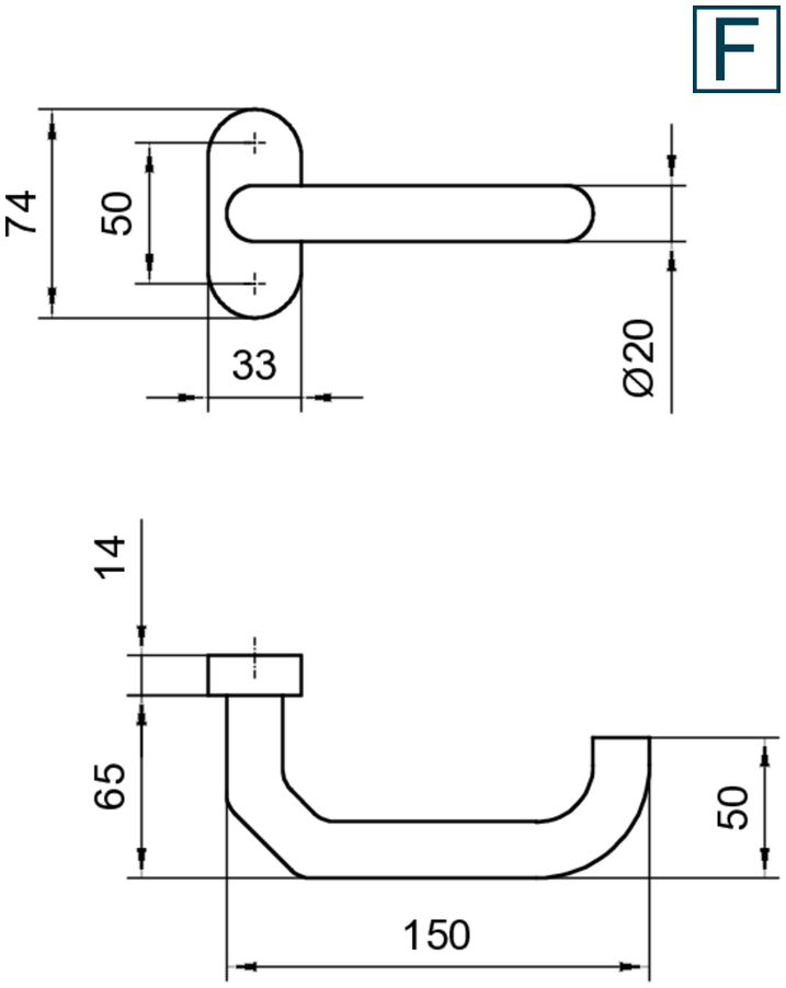 Türgriff, Griff, Hebel, Montageblech, Metall, Ø20 Loch