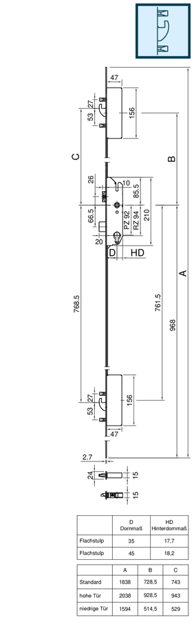 Mehrfachverriegelung, Türschloss, Flachstulp, Türbeschlag, Technische Zeichnung