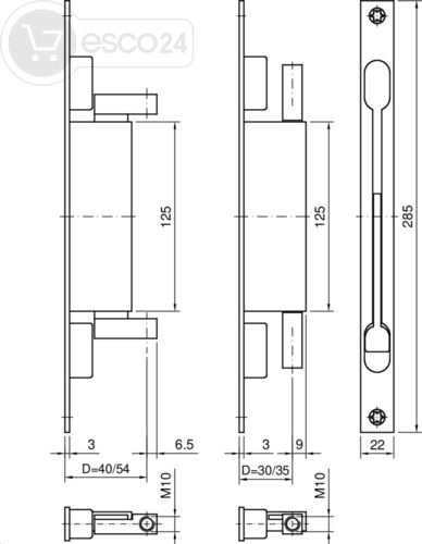 Einstecktürkantriegel 945 BA=265 F3x22x285mm,D54,M10,Hub 20,VA