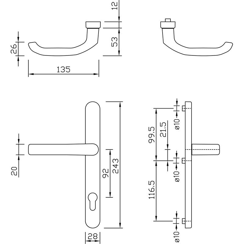 Türgriff, Türbeschlag, Innenseite, Lagerung, Maße