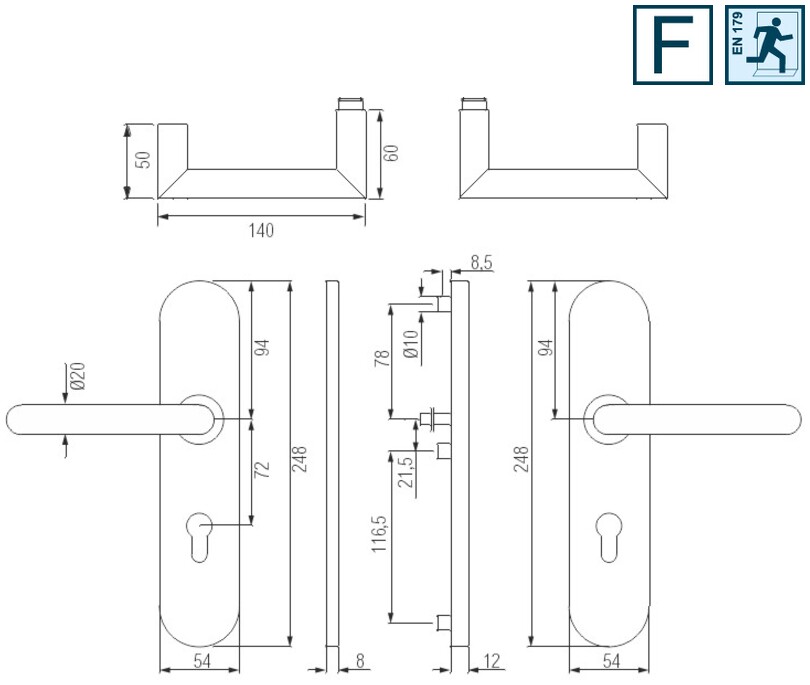 Türdriegel, Türdrücker, Rohrgriff, Schildrosette, Metalloberfläche