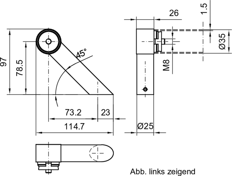 Klemmhalter, Montagebau, Technische Zeichnung, M8 Gewinde, Scheibenkugel