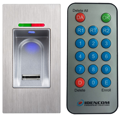 fingerprint-scanner, metall-platte, grün-rot-indikator, kartenleser-slot, fernbedienung-fernbedienung