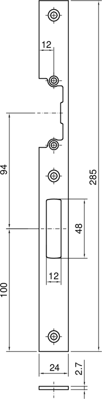 mechanical latch, mortise strike, metal plate, door hardware, dimensions 285x94