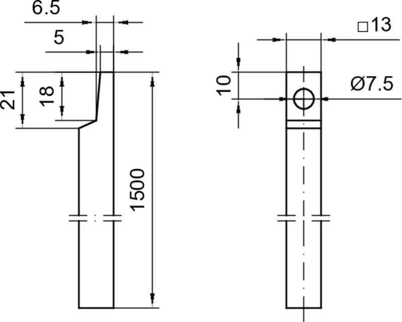 Vierkantstange 13*13, l=1500mm einseitig gelocht, verzinkt