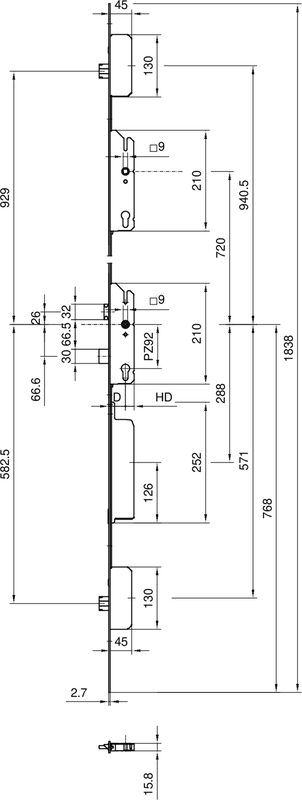 elektronisches Schloss, Türbeschlag, Mehrpunktverriegelung, Metallplatte, Technische Zeichnung