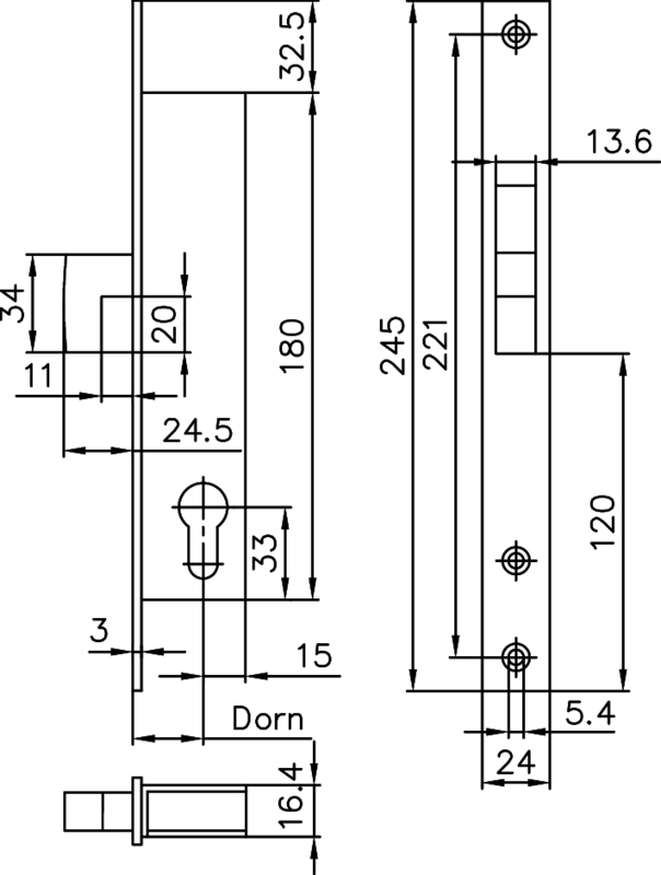 Schwenkhaken-Riegelschloss esco 1436 D40 F3x24x245,L/R verz. Schaubild, Schaubild,