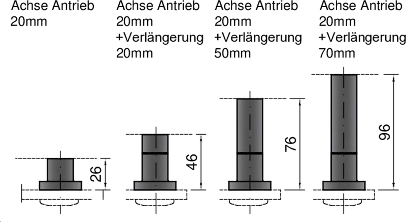 Achse, Antrieb, 20mm, +Verlängerung, 70mm