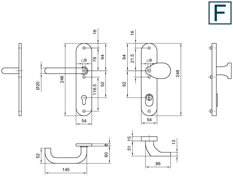 Türdriegel, Türklinke, Beschlag, Metall, Aufsatzgriff