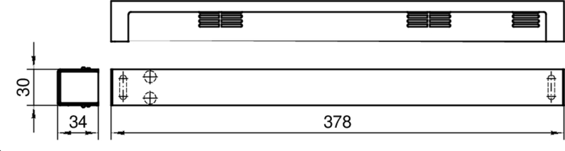 aluminium extrusion, rail, mounting bracket, slotted bar, dimensions 378x30x34