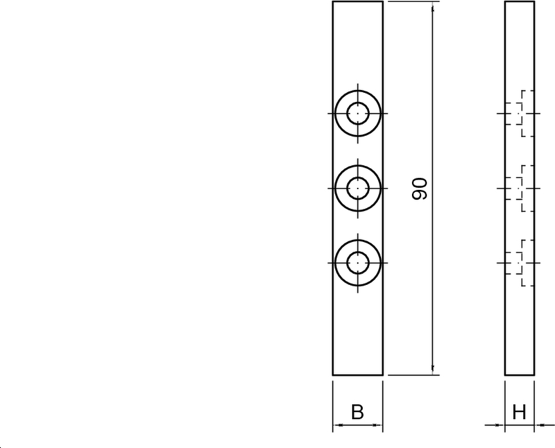 Nagelbahn, Befestigungsbahn, Drei-Bohrungen, Kreismuster, Lineare Abmessung 90 mm