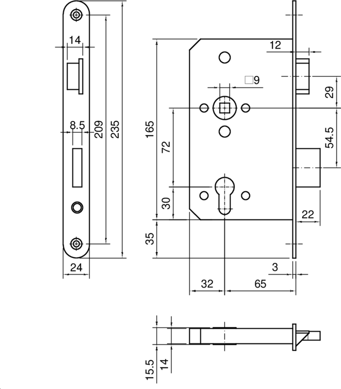 FT-Schloss 1013 PZW 1-flg. EN179 Fkt.E F3x24x235 rd. D65 PZ/72 rechts Schaubild, Schaubild,