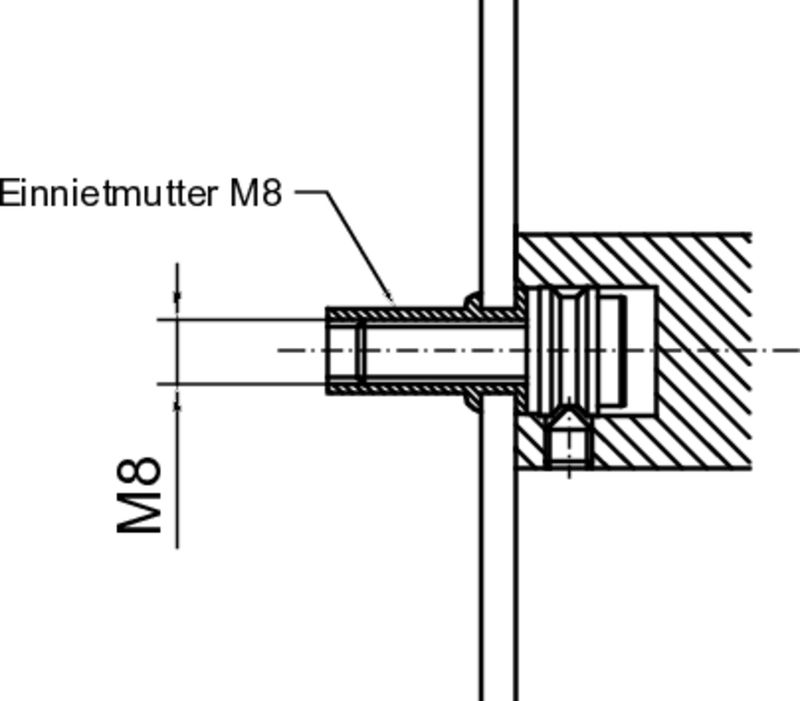 M8, Einnietmutterschaft, Gewinde, Technische Zeichnung, Distanzhülse