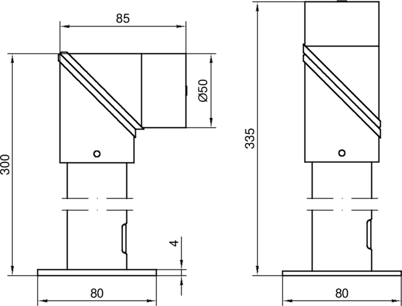 Vorderansicht, Aufbau, Maße 80, Durchmesser Ø50, Kamin- oder Heizungsaufsatz