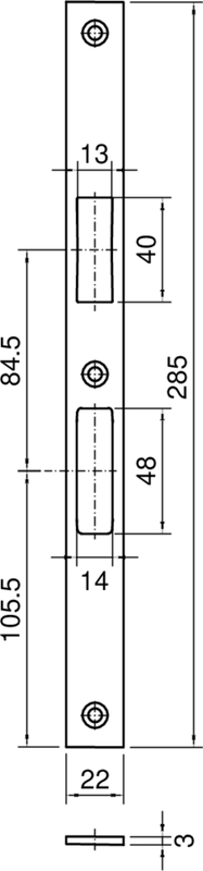 door latch, strike plate, metallisches Beschläge, Schraubenbohrungen, Abmessungen 84,5x105,5