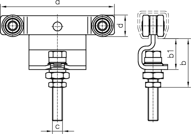 Doppelrollenhalter, Laufrollen, Gewindestange, Metallhalterung, Technische Zeichnung