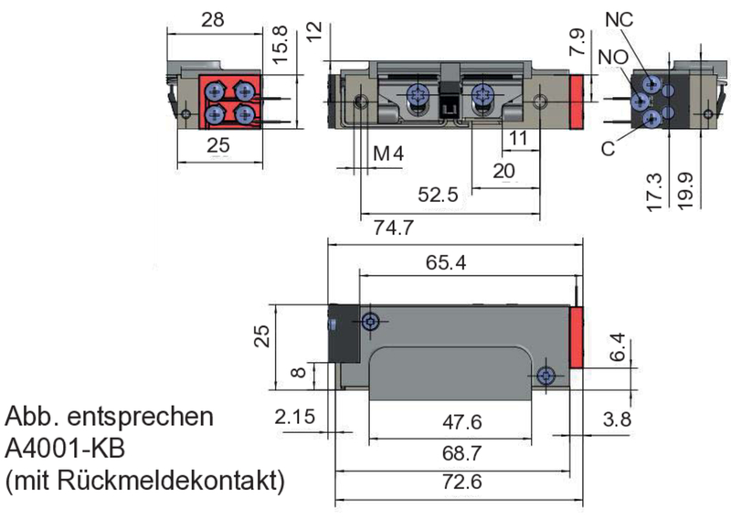 mechanischer Schalter, Schiebeschalter, elektromechanisch, PCB-Montage, blaue Schrauben