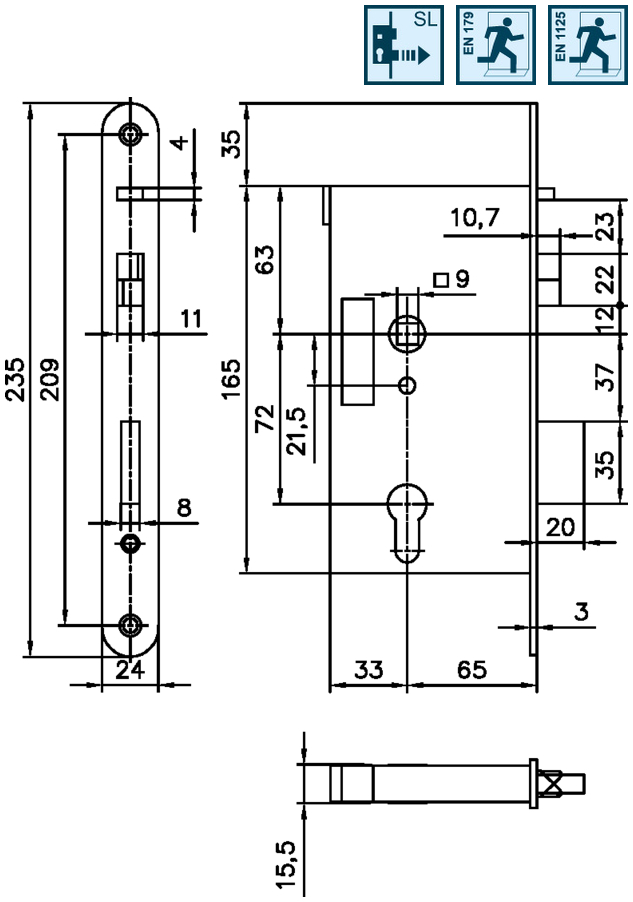 Schematic, Schloss, Zylinder, Türbeschlag, Maße