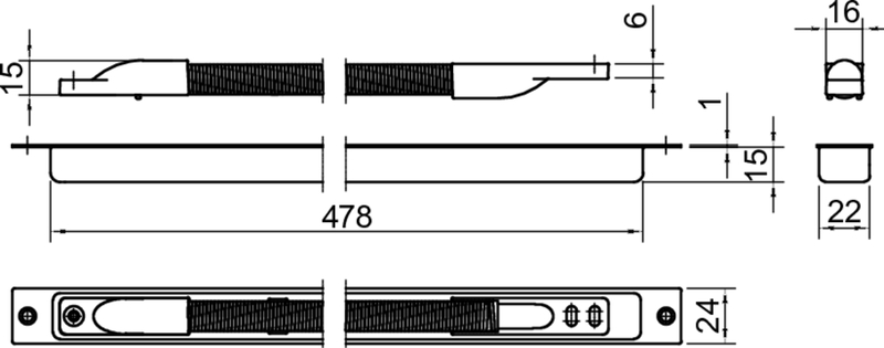 schiebeschnapp, schubladenschiene, metallbahn, schwarze grif, abmessungen 478mm