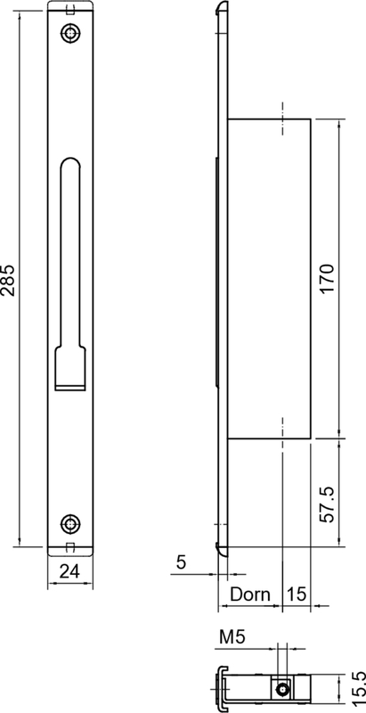 mechanischer Riegel, Schieberiegel, Metall-Türschlag, Wandmontage, Maße 285x24x170