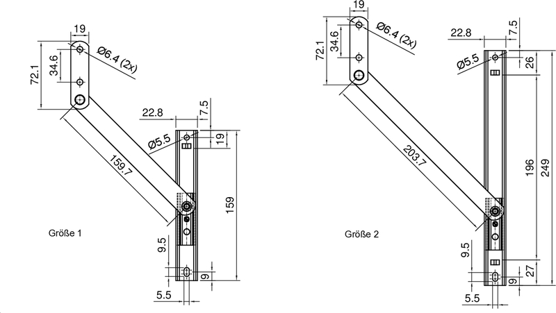 ÖFFNUNGSBEGRENZUNGS-SCHERE SR8 FÜR SENK-KLAPP, PAAR DIN L/R NEUE AUSF. CAD-Diagramm, Diagramm, CAD-Diagramm, Diagramm,